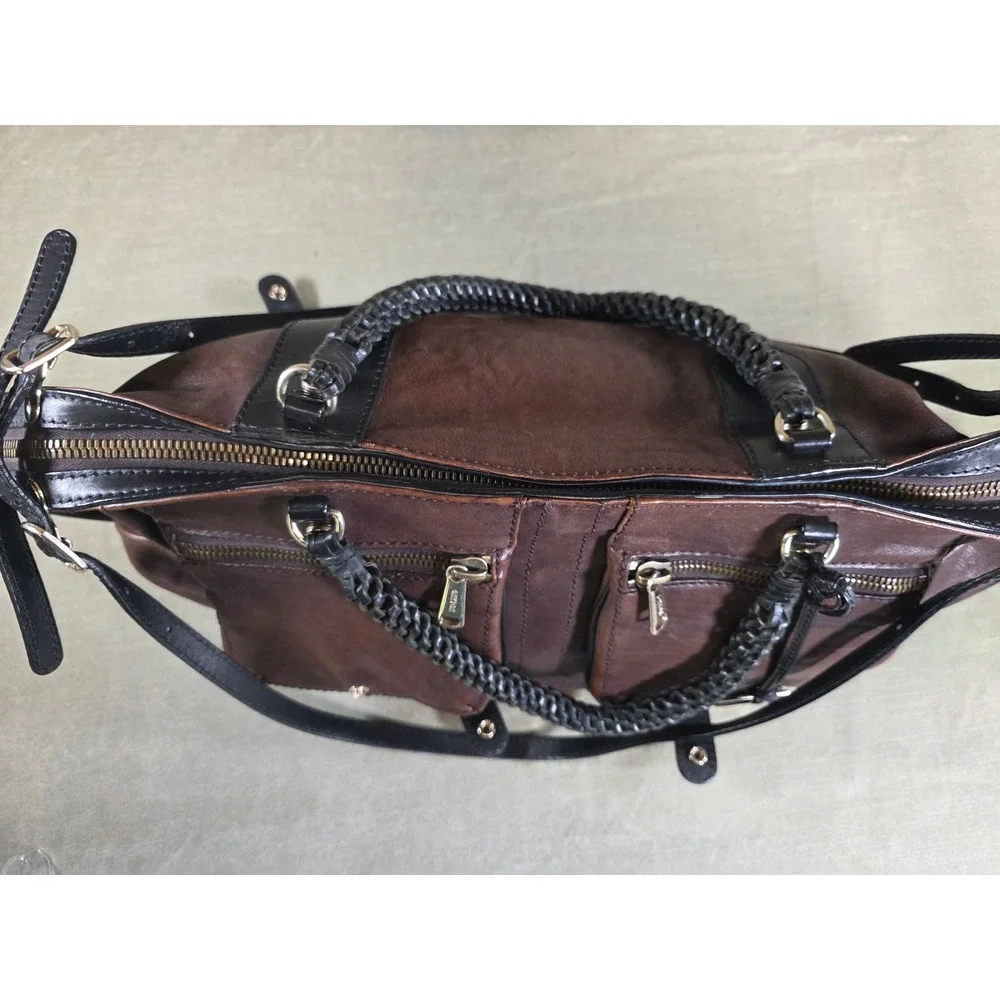 Gryson Joy Brown Black Leather Satchel Bag Made in Italy Moto Cargo Large